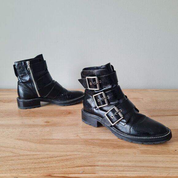Rag & Bone Cannon Buckle Boots Black Moto Ankle Zip Up 38.5 Patent Leather - Picture 5 of 8